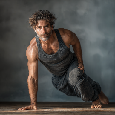 Чоловік середнього віку виконує функціональні вправи